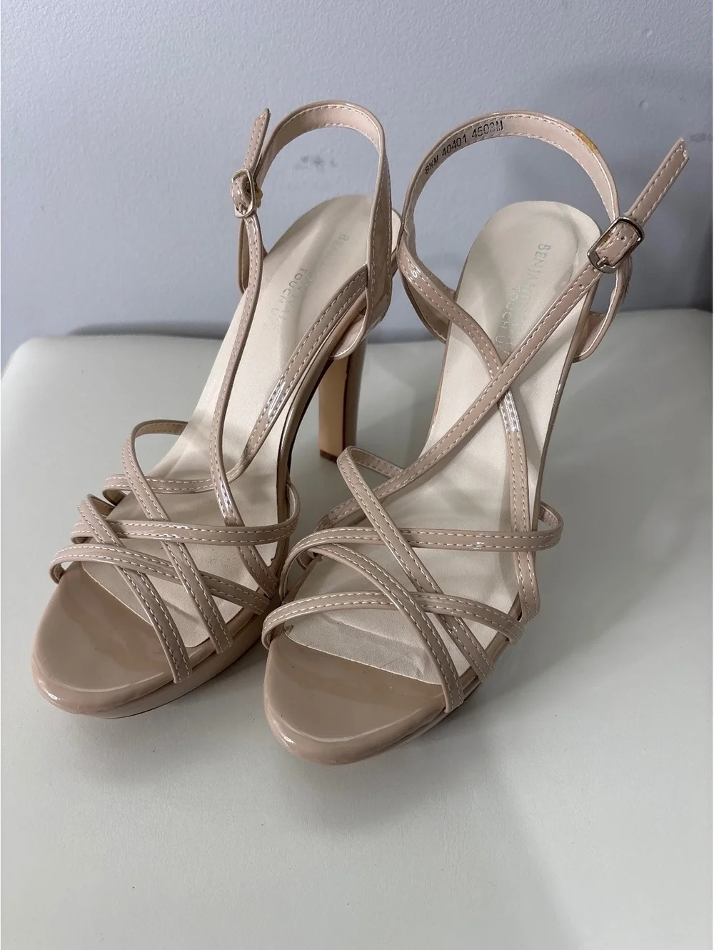 Beige Patent Leather High Heel Platform Sandals with Strappy Design